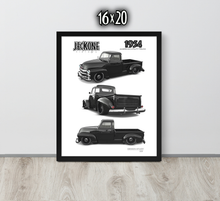 A framed black-and-white vintage truck poster leaning against a light gray wall on a wood floor. The poster shows three views of a 1954 Jeckone pickup truck and includes the text '16x20' at the top of the image.
