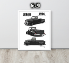 A framed vintage-style wall art print leaning against a light gray wall on a wood floor. The print shows three black-and-white illustrations of a 1954 Jeckone pickup truck, with the text 'JECKONE' and '1954' on the poster.