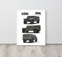 Poster of a military vehicle with 'JECKONE VINTAGE' branding and '1996' on a light gray background.
