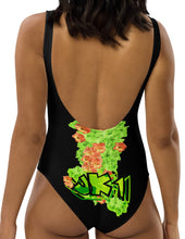 ONE PIECE SWIMSUIT: GREEN & ORANGE GLADIOLUS BOUQUET -(BLACK)