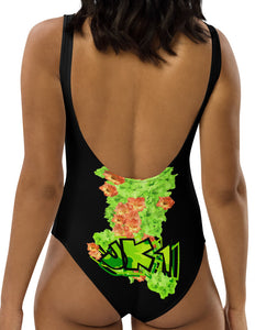 ONE PIECE SWIMSUIT: GREEN & ORANGE GLADIOLUS BOUQUET -(BLACK)