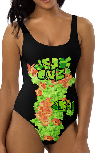 ONE PIECE SWIMSUIT: GREEN & ORANGE GLADIOLUS BOUQUET -(BLACK)