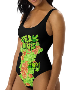 ONE PIECE SWIMSUIT: GREEN & ORANGE GLADIOLUS BOUQUET -(BLACK)