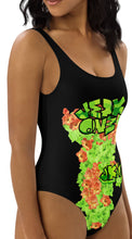 ONE PIECE SWIMSUIT: GREEN & ORANGE GLADIOLUS BOUQUET -(BLACK)