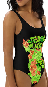 ONE PIECE SWIMSUIT: GREEN & ORANGE GLADIOLUS BOUQUET -(BLACK)