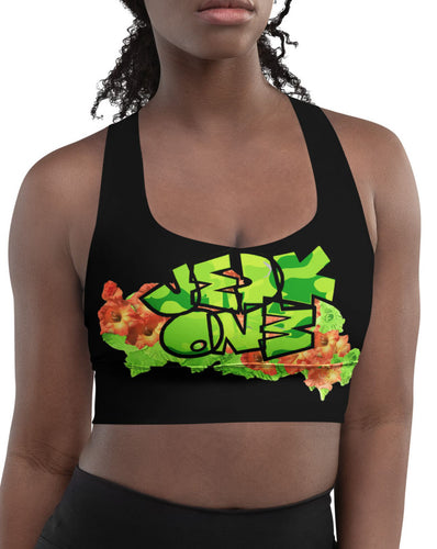 SPORTS BRA: GREEN & ORANGE GLADIOLUS BOUQUET -(BLACK)