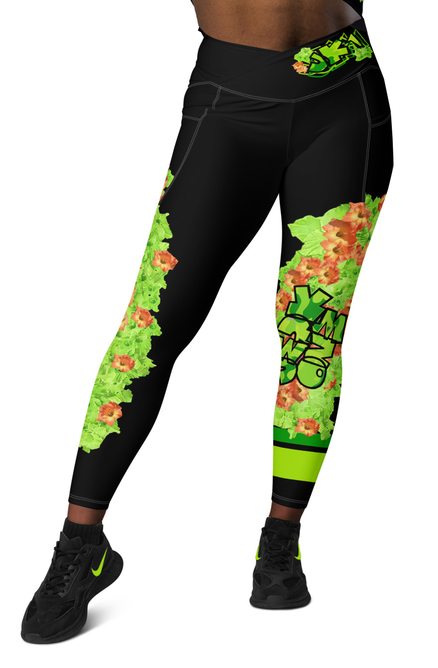 LEGGINGS (with Pockets): GREEN & ORANGE GLADIOLUS BOUQUET  -Crossover