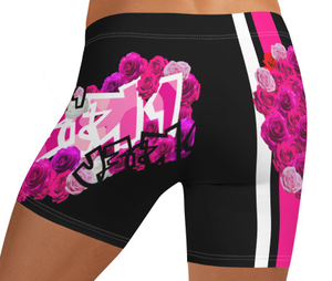 GYM SHORTS: PINK ROSES BOUQUET -(BLACK)