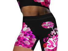 GYM SHORTS: PINK ROSES BOUQUET -(BLACK)