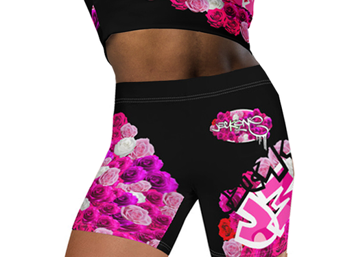 GYM SHORTS: PINK ROSES BOUQUET -(BLACK)