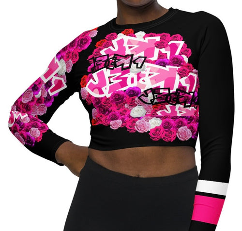 LONG SLEEVE CROP TOP: PINK ROSES BOUQUET -(BLACK)