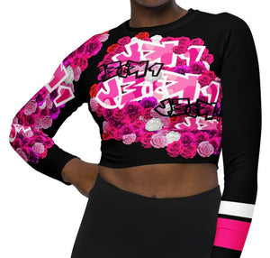 LONG SLEEVE CROP TOP: PINK ROSES BOUQUET -(BLACK)