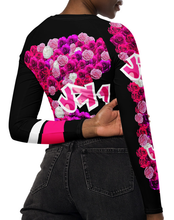 LONG SLEEVE CROP TOP: PINK ROSES BOUQUET -(BLACK)
