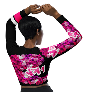 LONG SLEEVE CROP TOP: PINK ROSES BOUQUET -(BLACK)