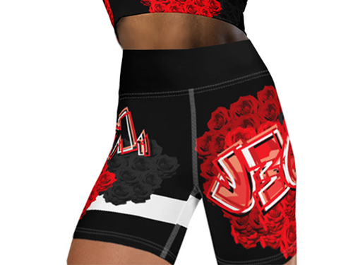 YOGA SHORTS: RED ROSES BOUQUET -(BLACK)