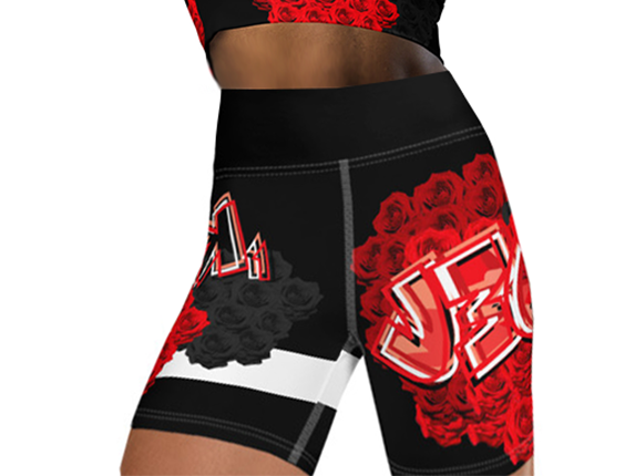 YOGA SHORTS: RED ROSES BOUQUET -(BLACK)