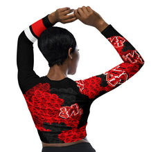 LONG SLEEVE CROP TOP: RED ROSES BOUQUET - (BLACK)