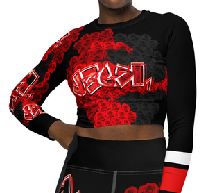LONG SLEEVE CROP TOP: RED ROSES BOUQUET - (BLACK)