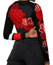 LONG SLEEVE CROP TOP: RED ROSES BOUQUET - (BLACK)