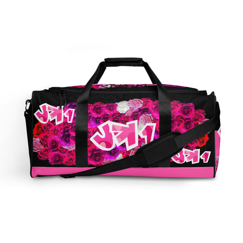 GYM DUFFLE BAG (Premium): PINK ROSES BOUQUET (BLACK)