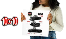 A Black woman holding a 18 x 18 Poster of an oero STREET automotive Custom Classic render of a Black 1954 Chevrolet 3100 pick  truck design  that displays precision detailing and precise customization with  illustrations and text.