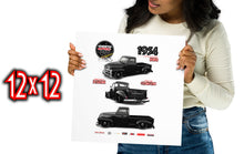A Black woman holding a 12 x 12 Poster of an oero STREET automotive Custom Classic render of a Black 1954 Chevrolet 3100 pick  truck design  that displays precision detailing and precise customization with  illustrations and text.