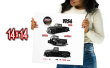 A Black woman holding a 14 x 14 Poster of an oero STREET automotive Custom Classic render of a Black 1954 Chevrolet 3100 pick  truck design  that displays precision detailing and precise customization with  illustrations and text.