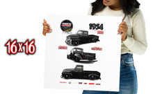 A Black woman holding a 16 x 16 Poster of an oero STREET automotive Custom Classic render of a Black 1954 Chevrolet 3100 pick  truck design  that displays precision detailing and precise customization with  illustrations and text.