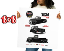 A Black woman holding a 18 x 18 Poster of an oero STREET automotive Custom Classic render of a Black 1954 Chevrolet 3100 pick  truck design  that displays precision detailing and precise customization with  illustrations and text.