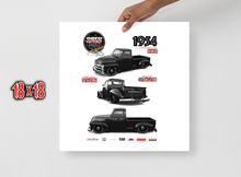 Poster of an oero STREET automotive Custom Classic render of a Black 1954 Chevrolet 3100 pick  truck design  that displays precision detailing and precise customization with illustrations , text  and a Black mans hand holding the poster on a white background.