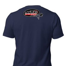 Navy blue t-shirt with a logo on the back against a white background